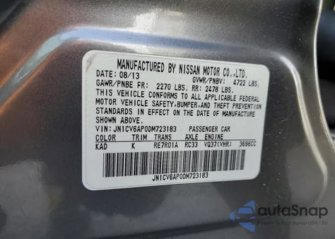 2013 Infiniti G37 Base z USA, uszkodzony, nr VIN JN1CV6AP0DM723183